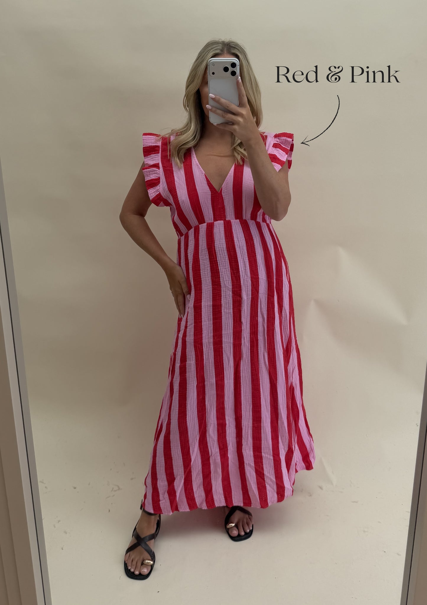 THICK STRIPE CHEESECLOTH DRESS WITH FRILL SLEEVES