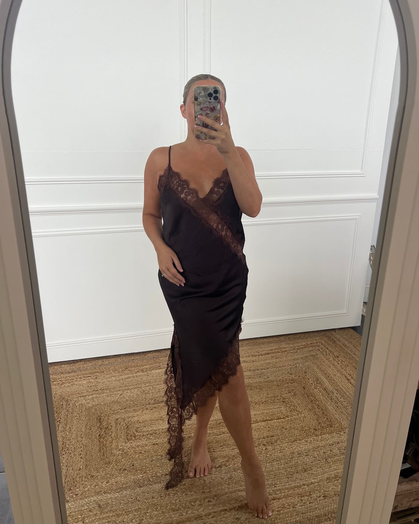 SATIN ASYMMETRIC LACE SLIP DRESS