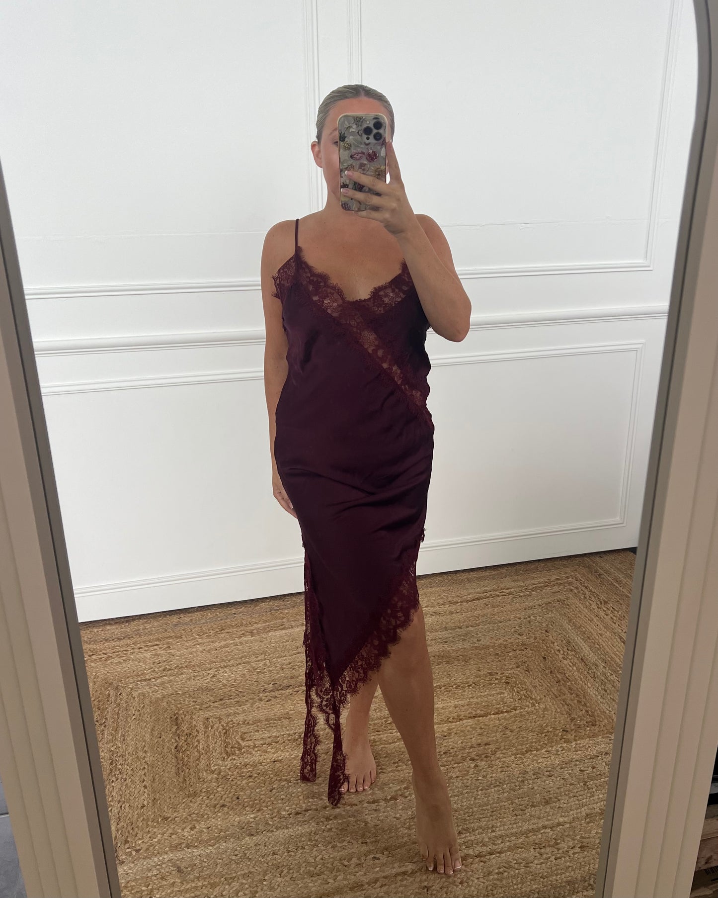 SATIN ASYMMETRIC LACE SLIP DRESS