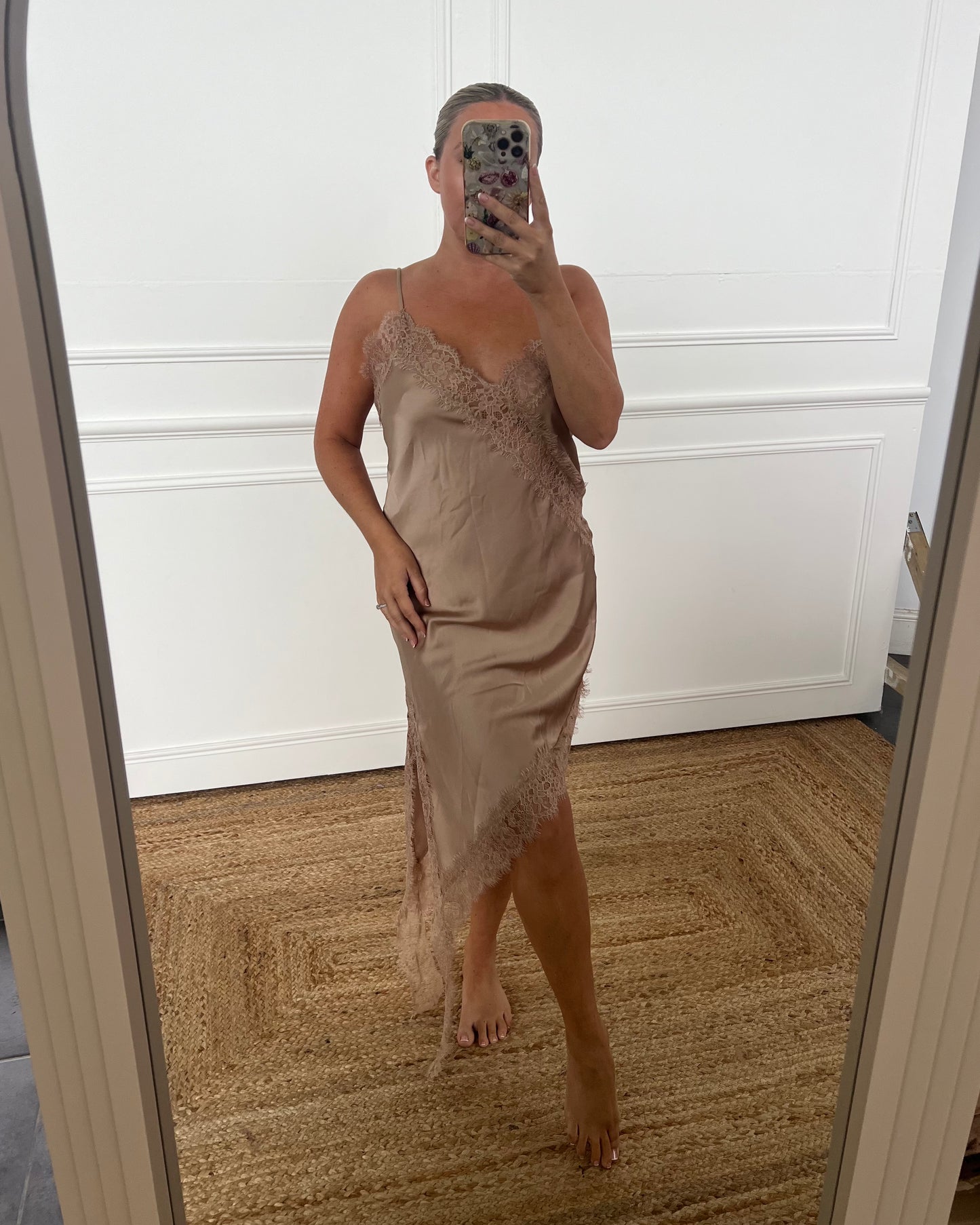 SATIN ASYMMETRIC LACE SLIP DRESS