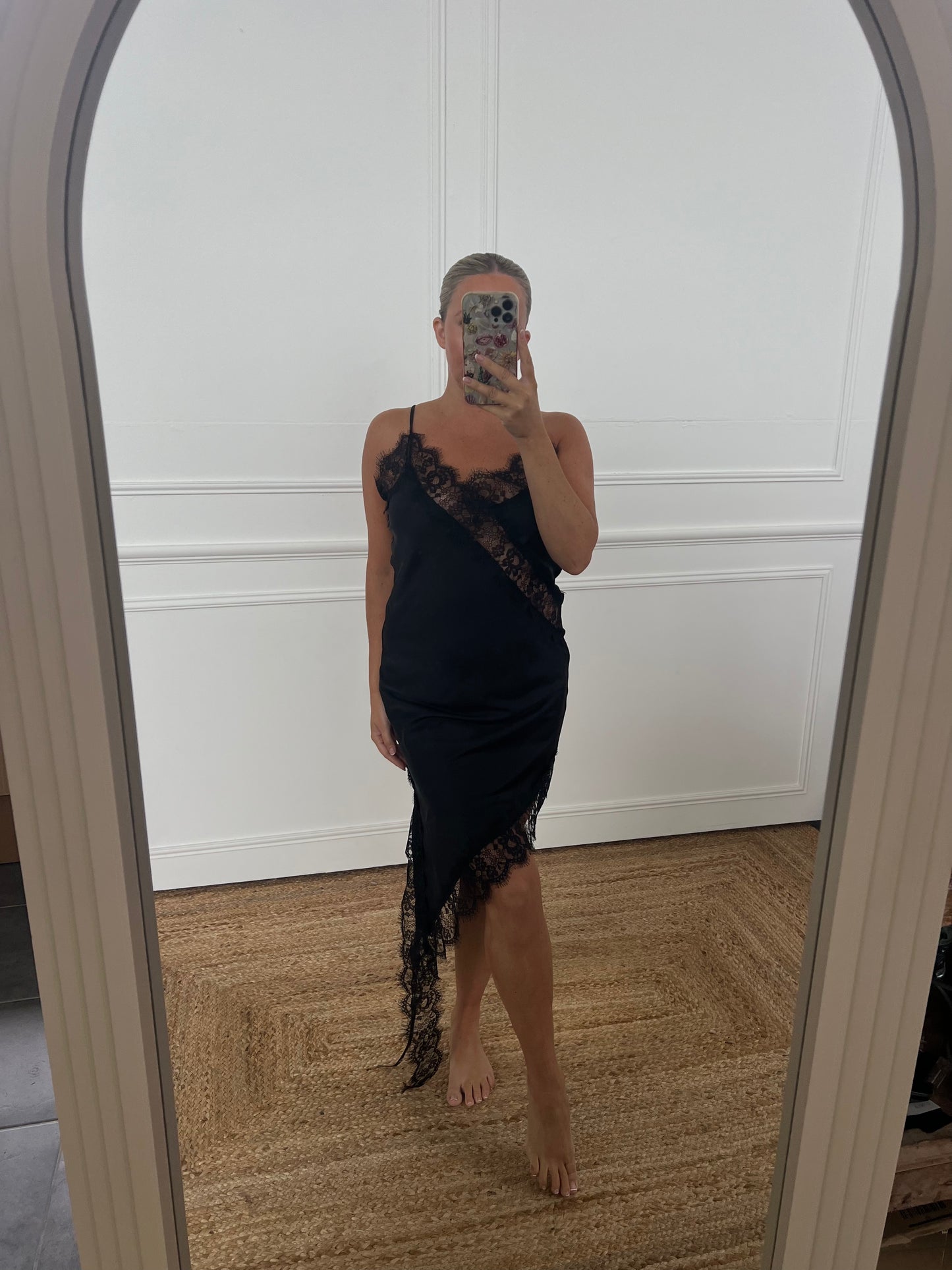 SATIN ASYMMETRIC LACE SLIP DRESS
