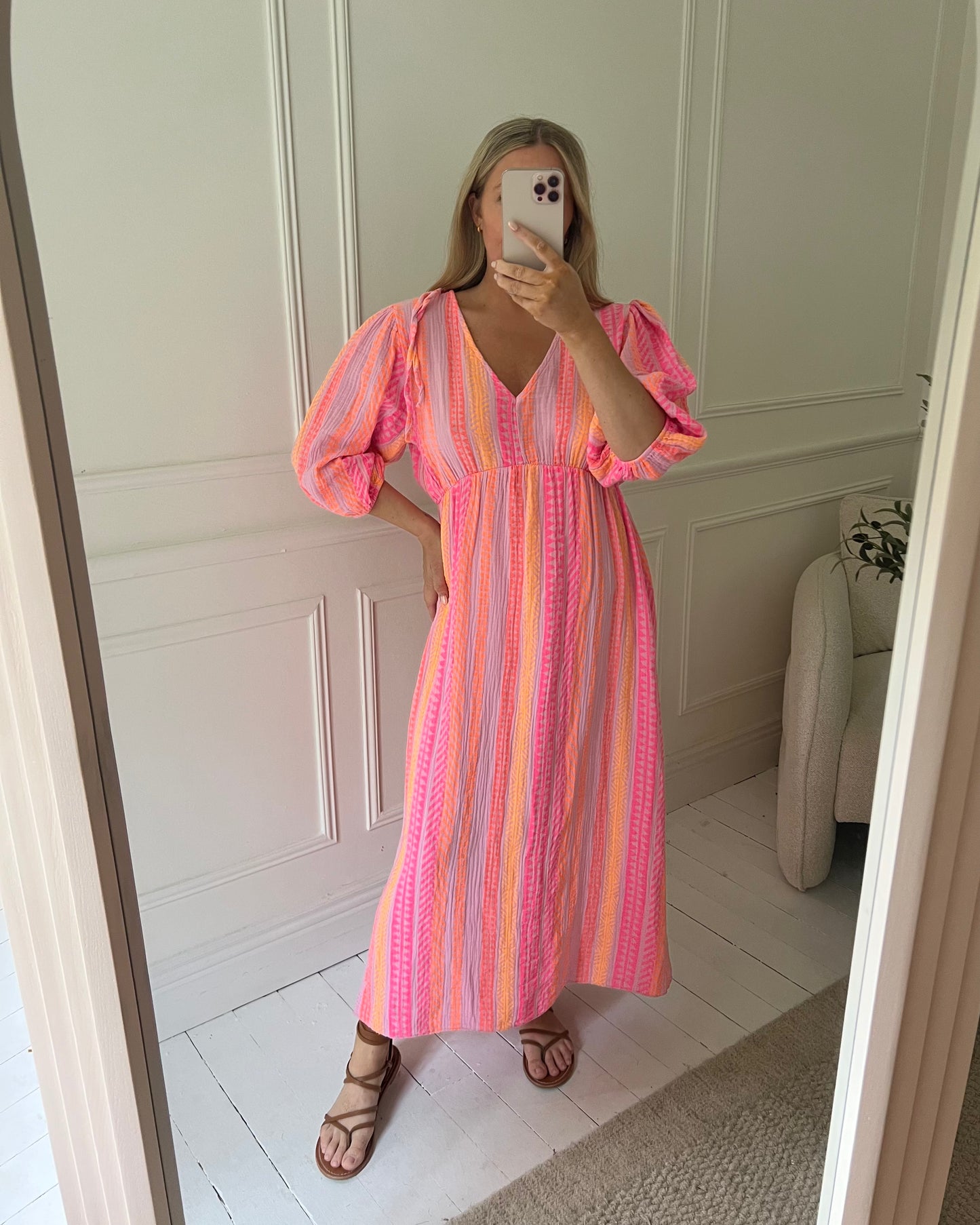 GEOMETRIC PRINT CHEESECLOTH COTTON DRESS