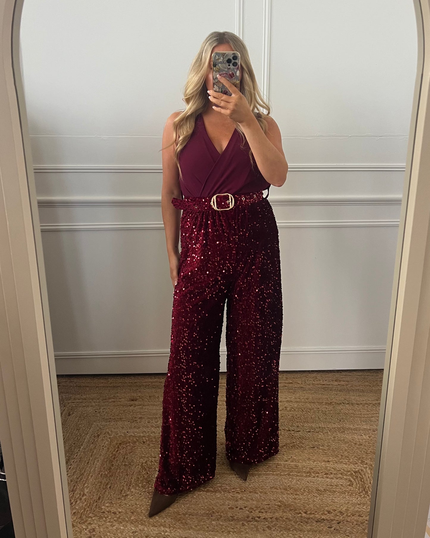 SEQUIN BELTED WIDE LEG JUMPSUIT