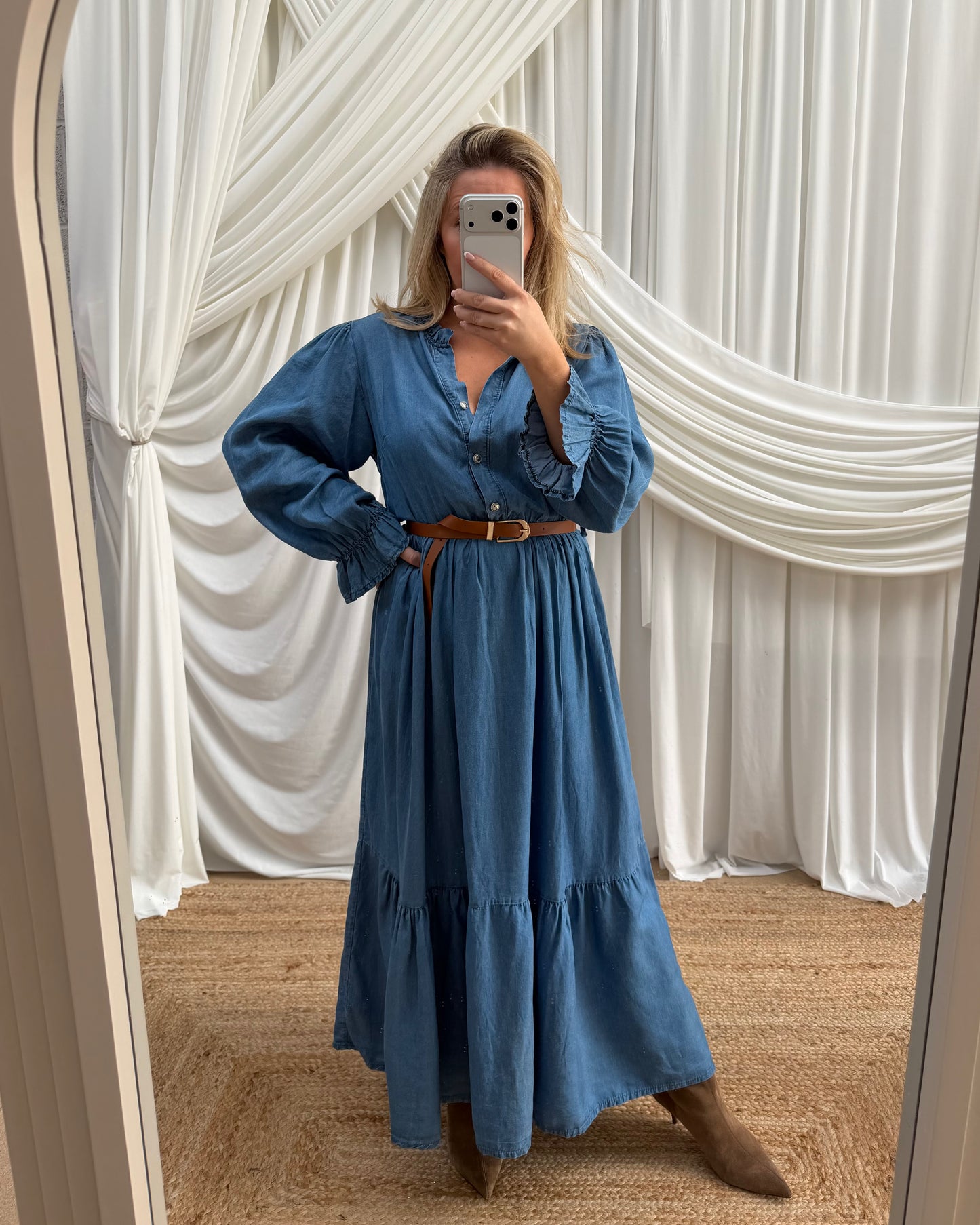 DENIM BELTED LONG SLEEVE MIDAXI DRESS TENCEL