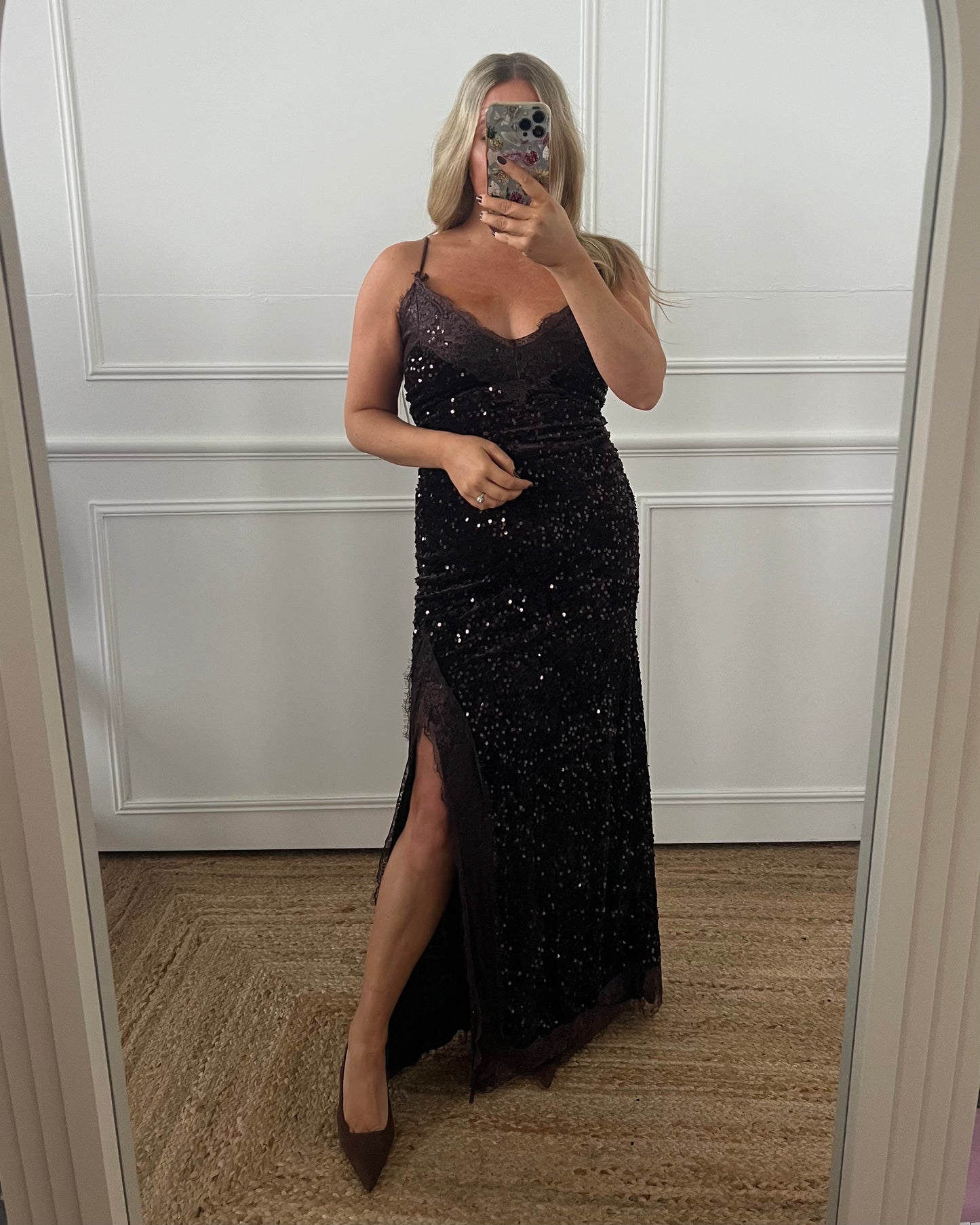 SEQUIN LACE SIDE SPLIT MAXI DRESS