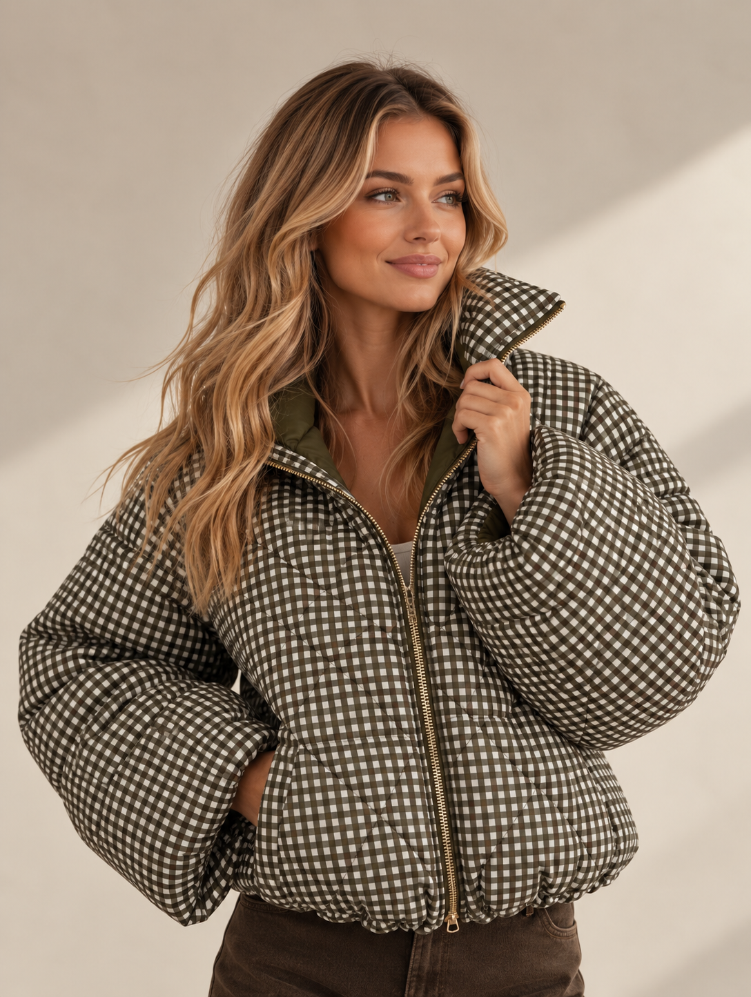 Gingham Padded Puffer Jacket – Brown or Green