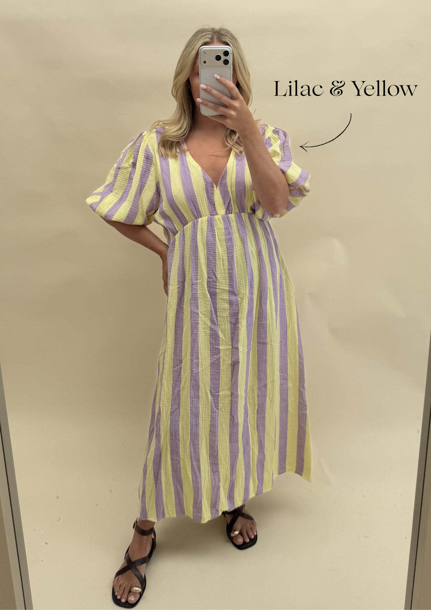 THICK STRIPE CHEESECLOTH  DRESS WITH 3/4 SLEEVES