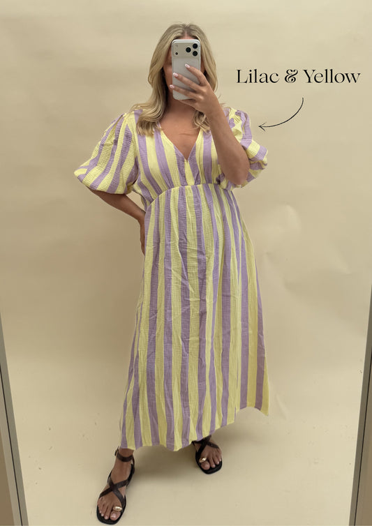 THICK STRIPE CHEESECLOTH  DRESS WITH 3/4 SLEEVES