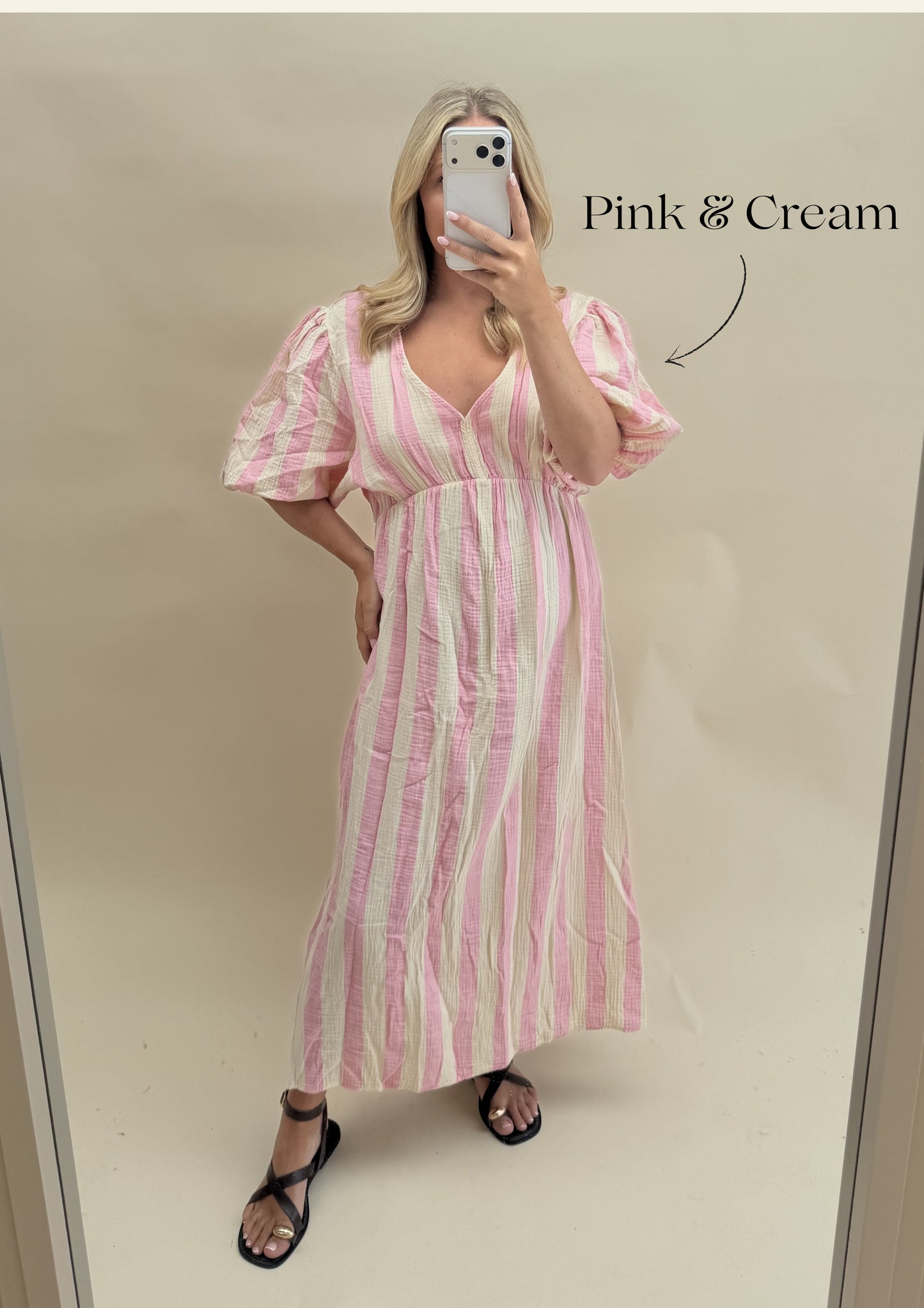 THICK STRIPE CHEESECLOTH  DRESS WITH 3/4 SLEEVES