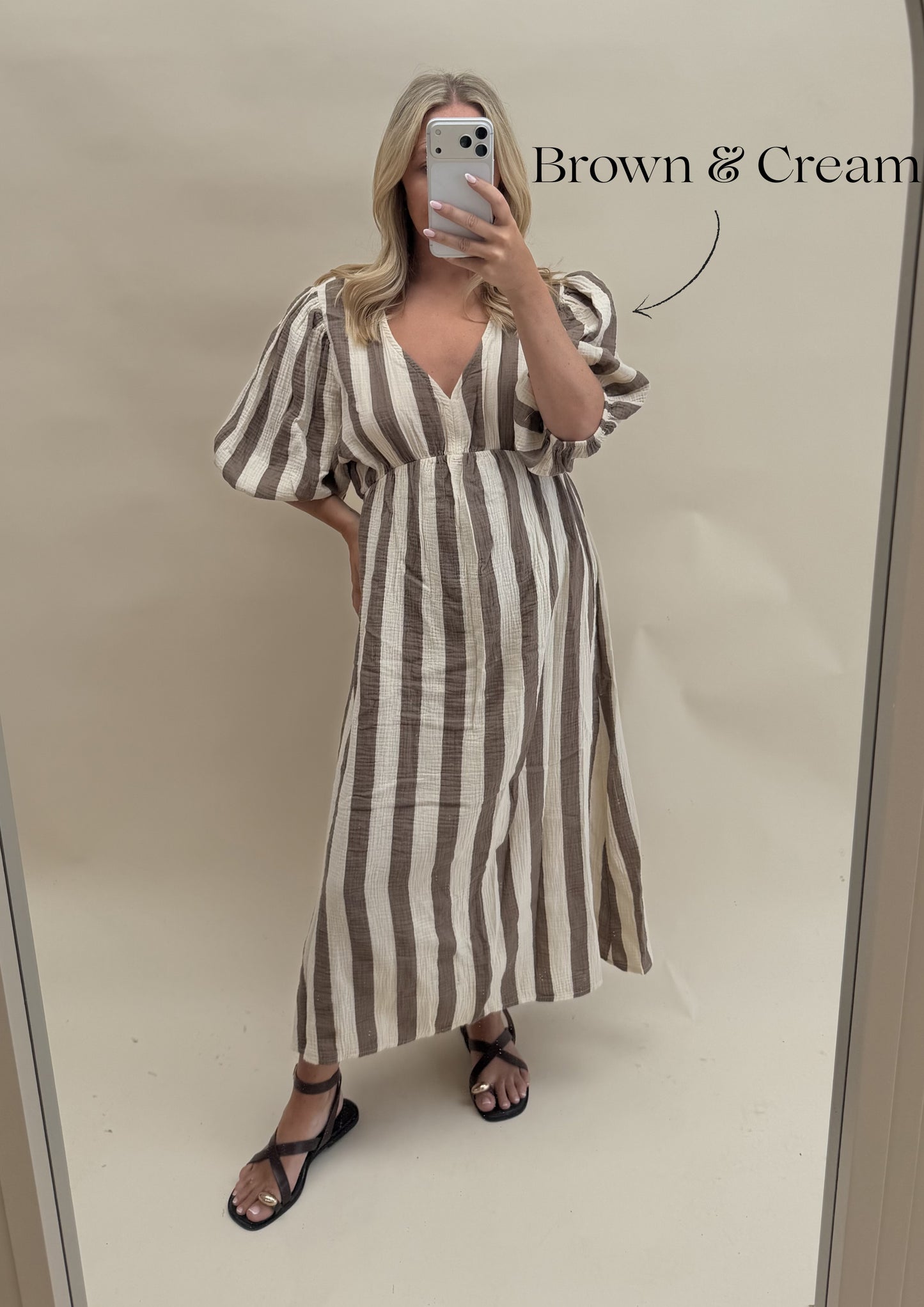 THICK STRIPE CHEESECLOTH  DRESS WITH 3/4 SLEEVES