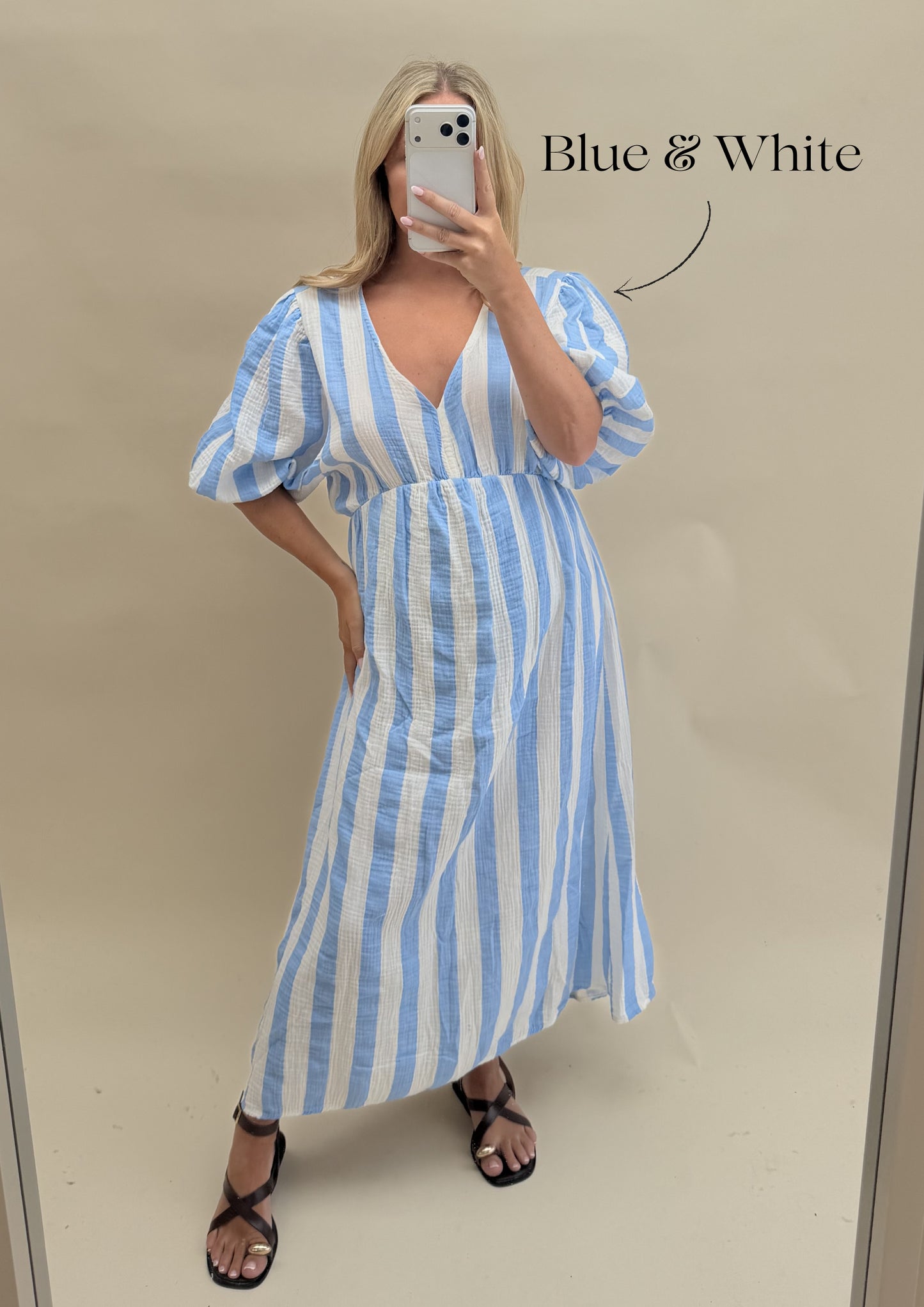 THICK STRIPE CHEESECLOTH  DRESS WITH 3/4 SLEEVES