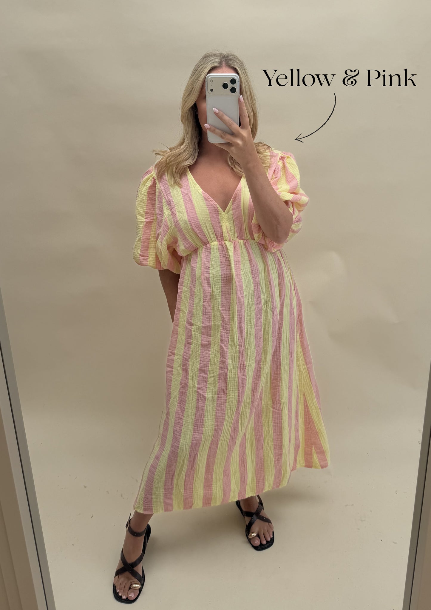 THICK STRIPE CHEESECLOTH  DRESS WITH 3/4 SLEEVES