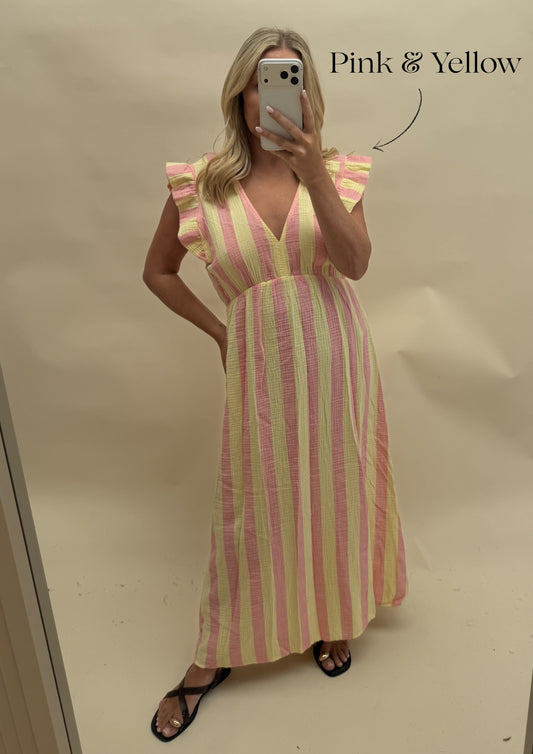 THICK STRIPE CHEESECLOTH DRESS WITH FRILL SLEEVES