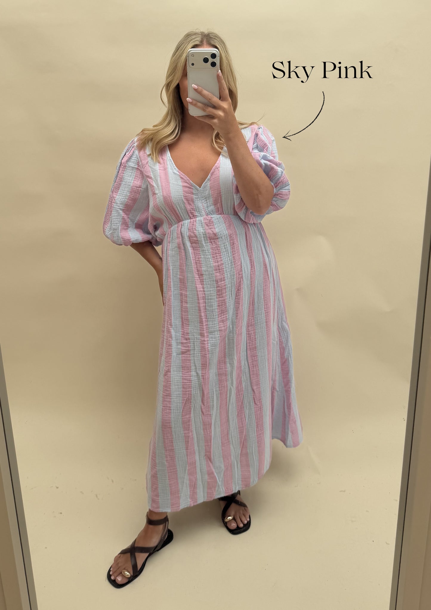 THICK STRIPE CHEESECLOTH  DRESS WITH 3/4 SLEEVES