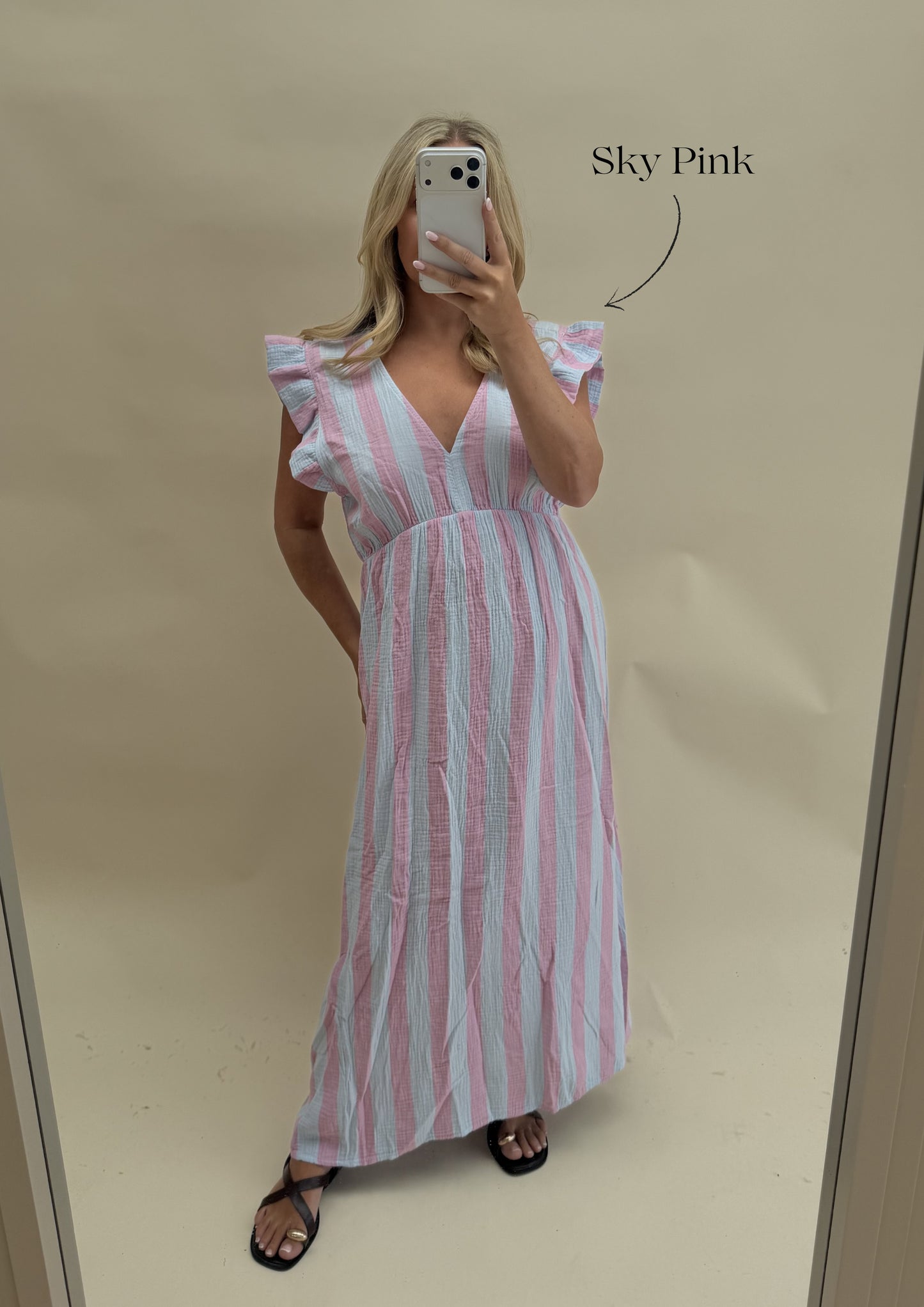 THICK STRIPE CHEESECLOTH DRESS WITH FRILL SLEEVES