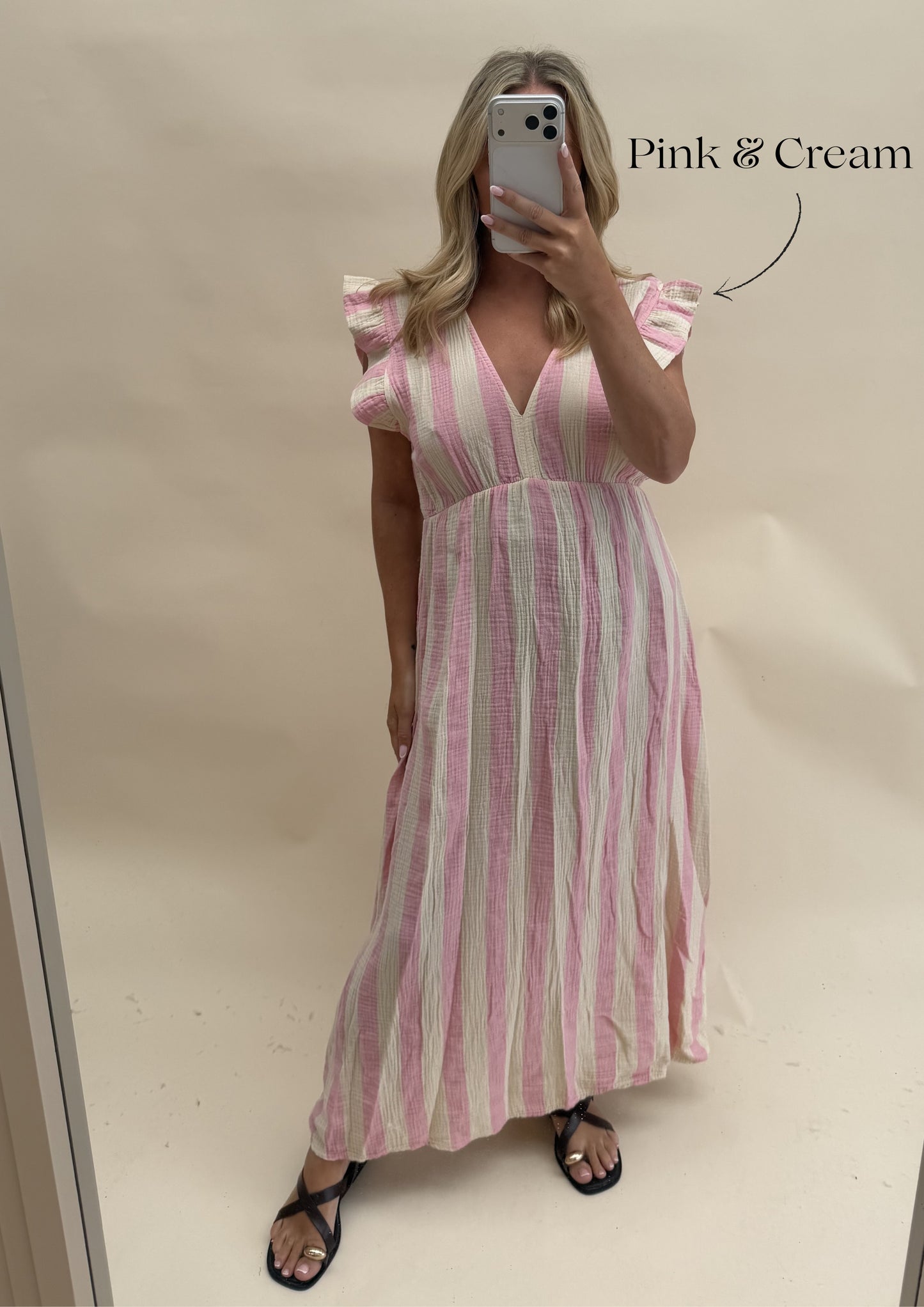 THICK STRIPE CHEESECLOTH DRESS WITH FRILL SLEEVES