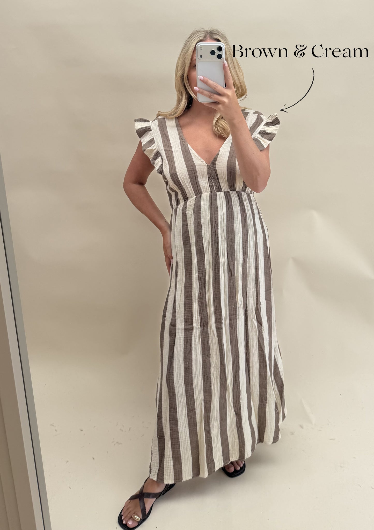THICK STRIPE CHEESECLOTH DRESS WITH FRILL SLEEVES