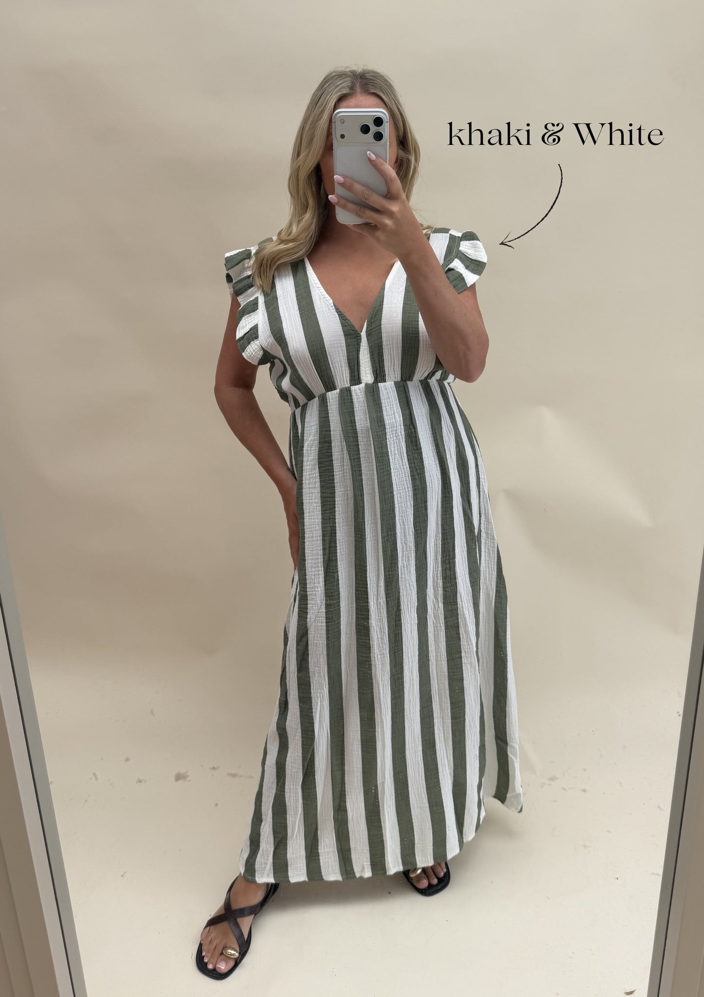 THICK STRIPE CHEESECLOTH DRESS WITH FRILL SLEEVES