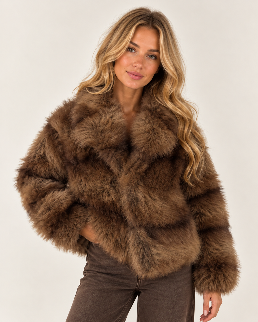 Maple Luxury Brown Horizontal Line Detail Faux Fur Coat