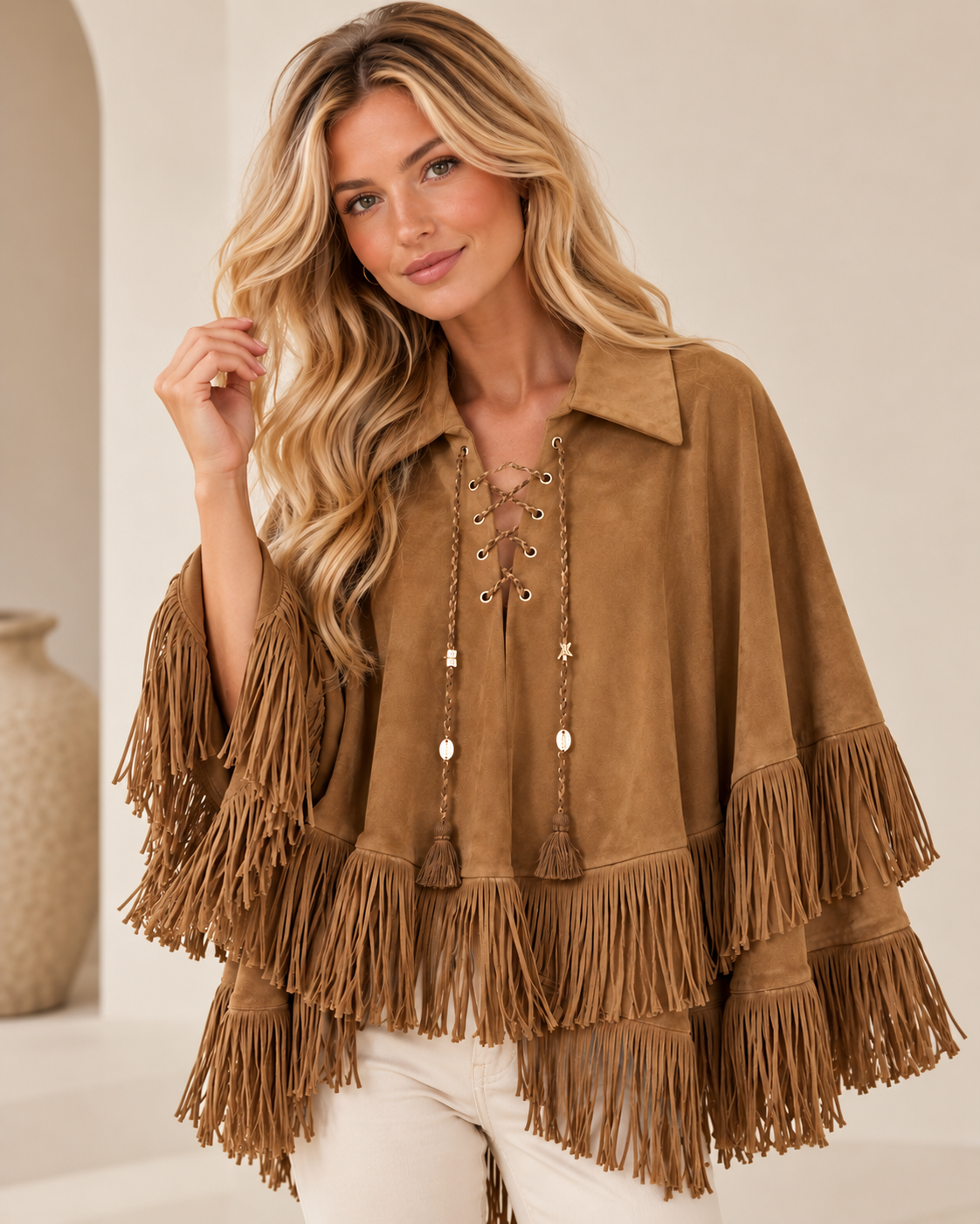 Stevie Boho Suede Fringe Poncho