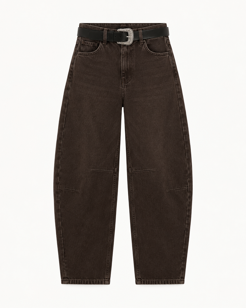 BARREL LEG BROWN DENIM JEANS WITH BELT