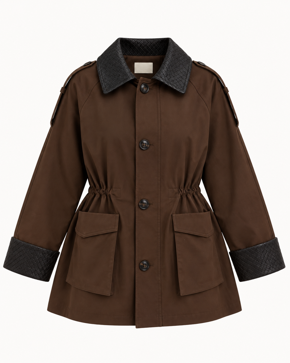 CHOCOLATE BROWN UTILITY JACKET WITH CONTRAST WOVEN COLLAR & CUFFS