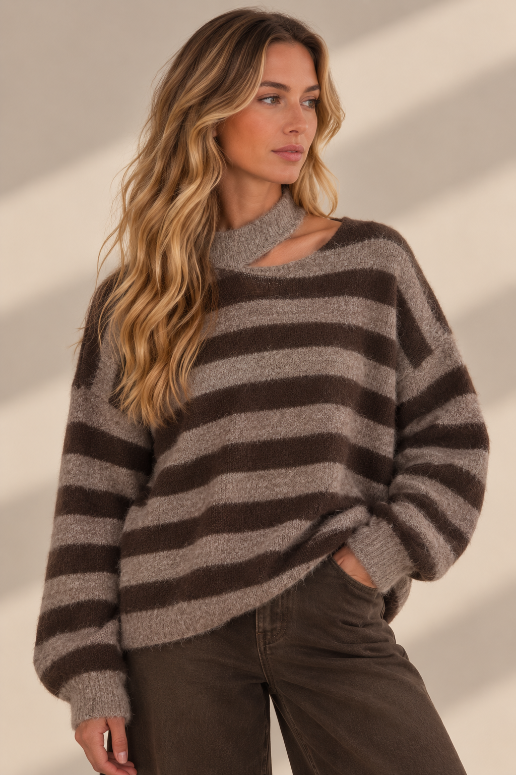 Striped Asymmetric Cut-Out Knit Jumper