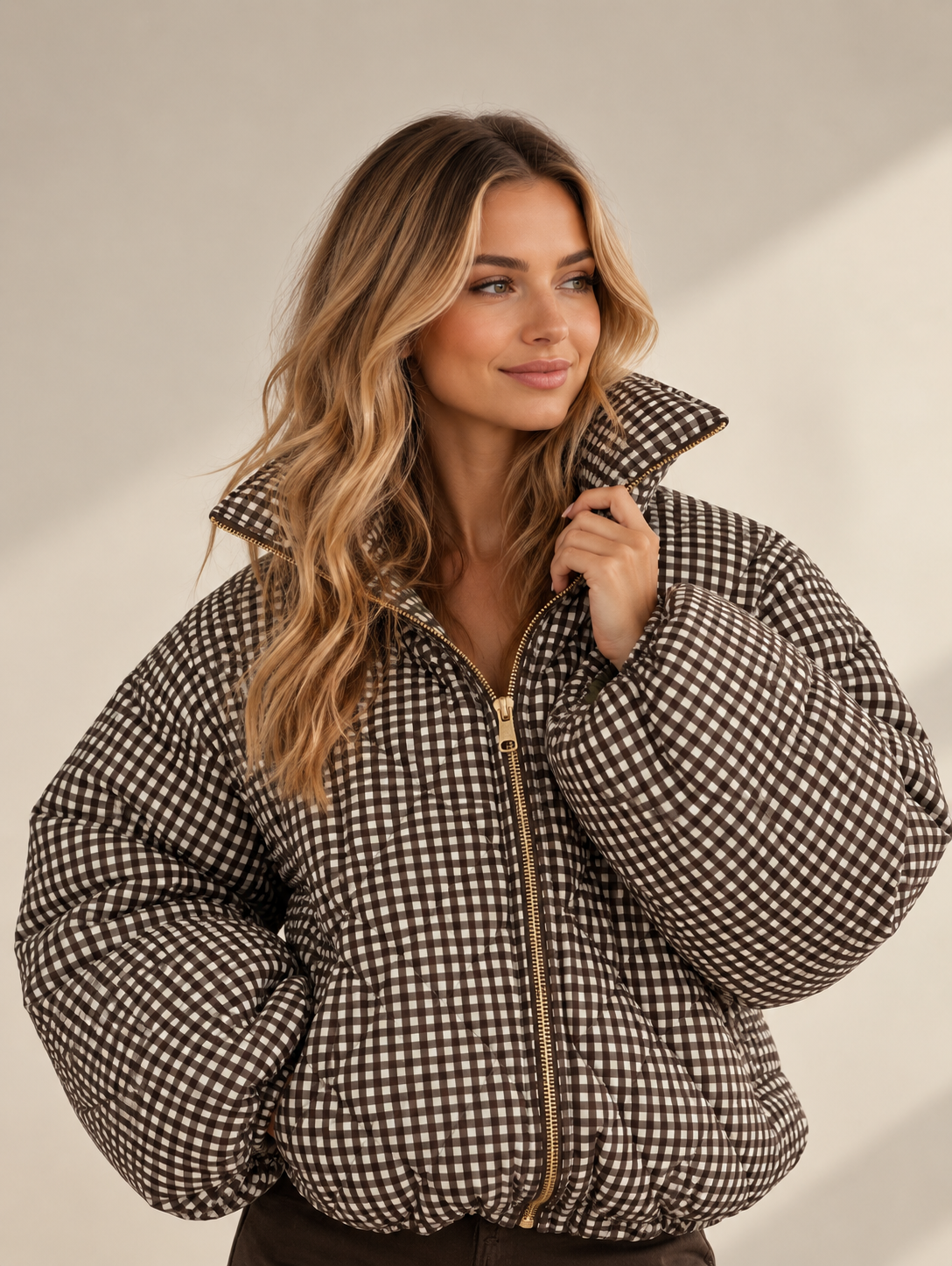 Gingham Padded Puffer Jacket – Brown or Green
