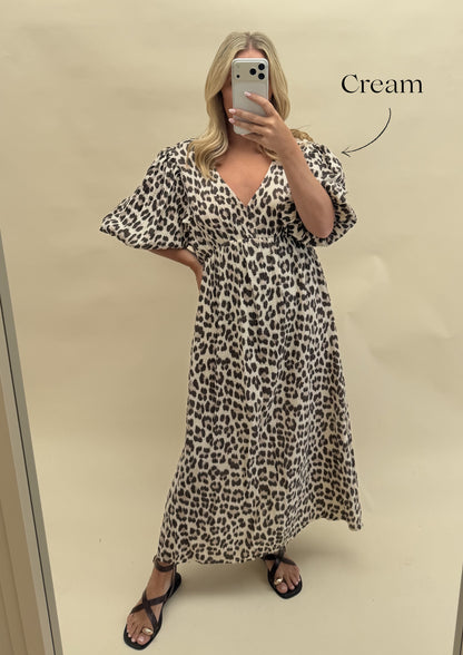 LEOPARD PRINT CHEESECLOTH DRESS WITH SLEEVES