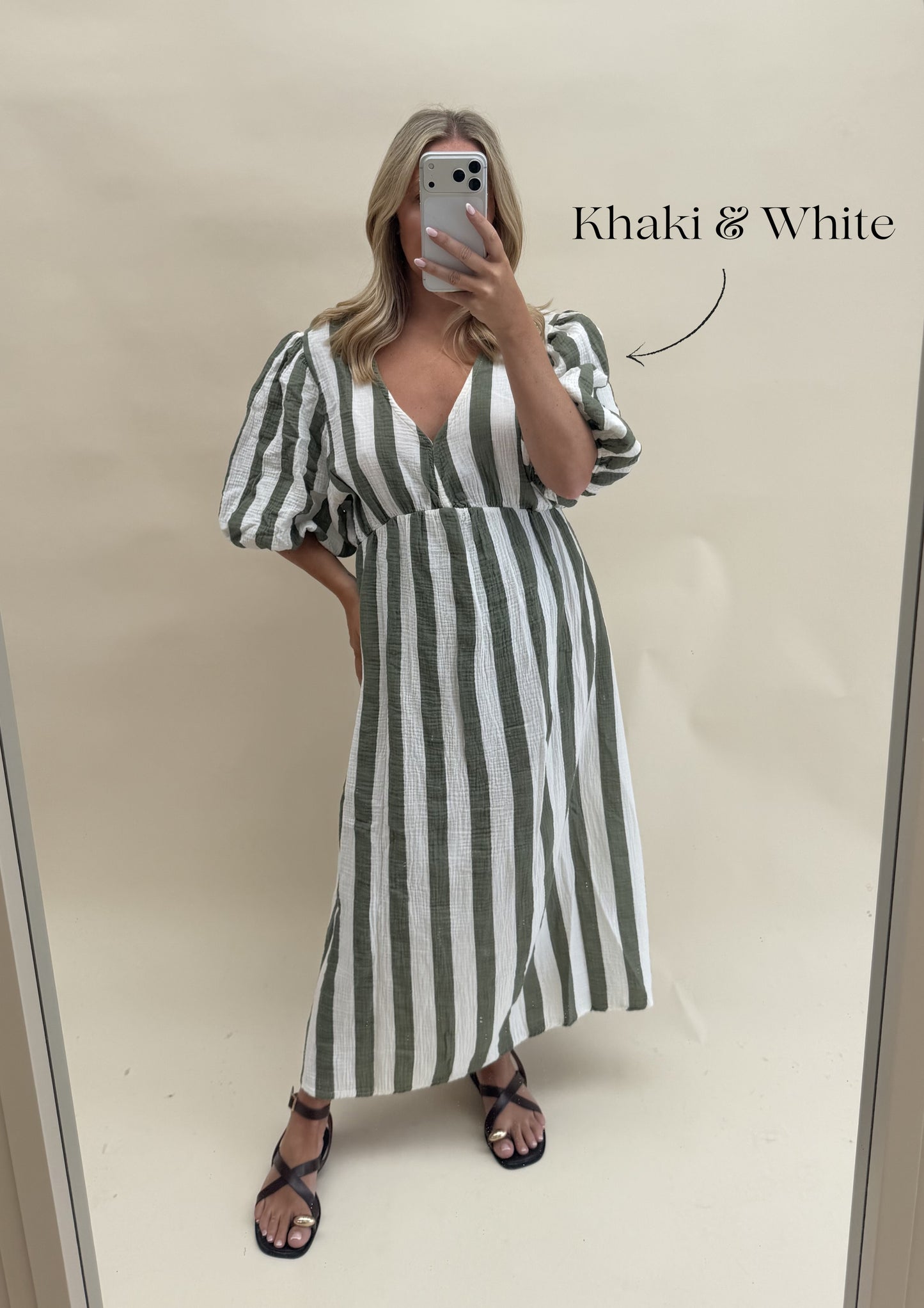 THICK STRIPE CHEESECLOTH  DRESS WITH 3/4 SLEEVES