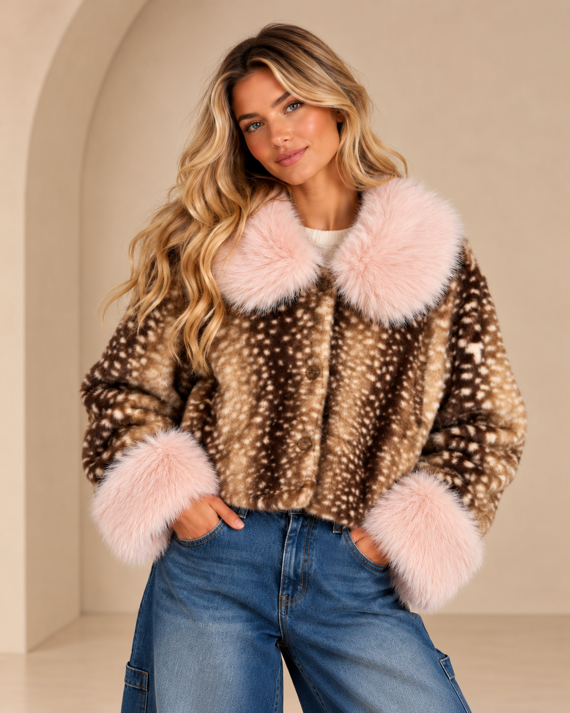 Muse Bambi/Fawn Print Jacket with Faux Fur Trim