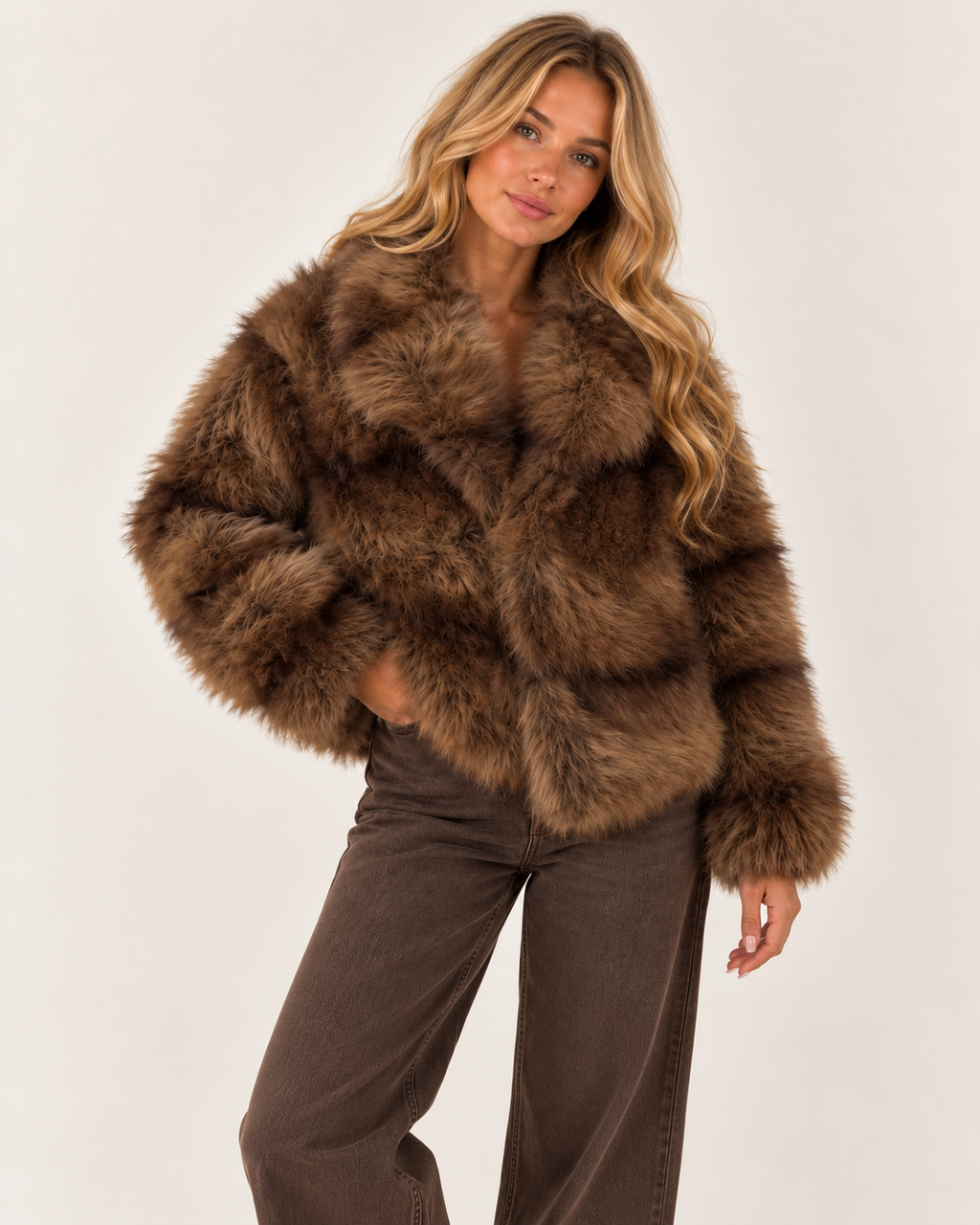 Maple Luxury Brown Horizontal Line Detail Faux Fur Coat