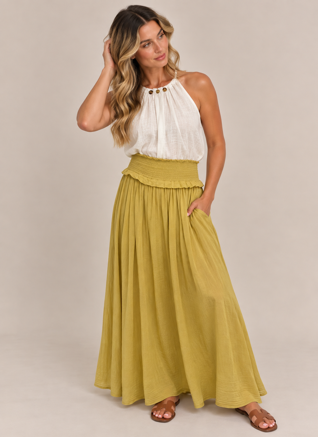 SMOCKED WAIST MIDAXI SKIRT