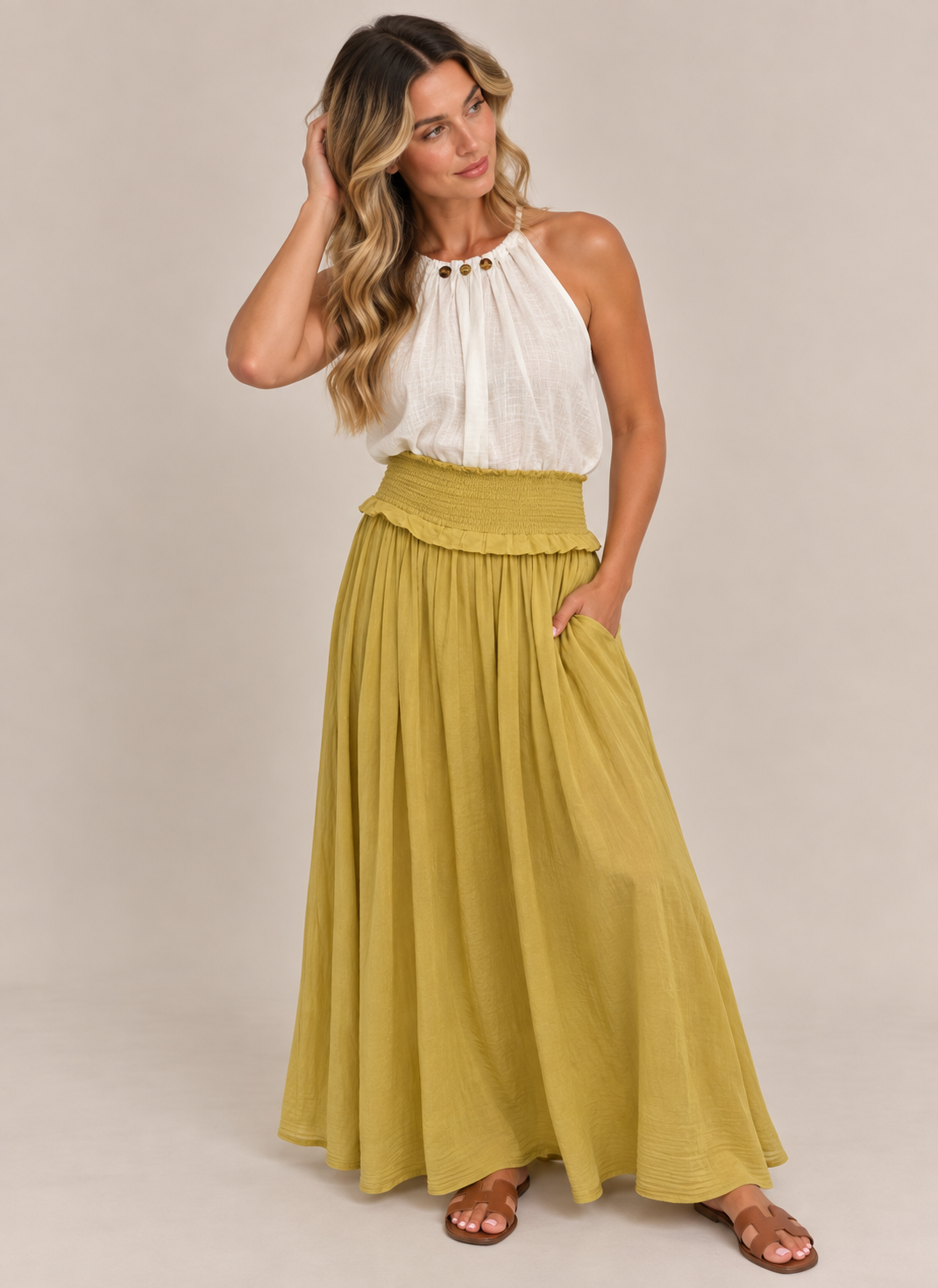 SMOCKED WAIST MIDAXI SKIRT