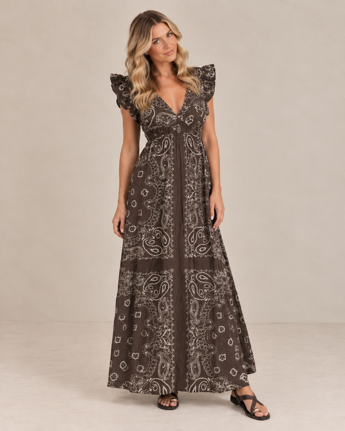 BANDANA PRINT FRILL SLEEVE  DRESS WITH CHEESECLOTH
