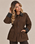 CHOCOLATE BROWN UTILITY JACKET WITH CONTRAST WOVEN COLLAR & CUFFS