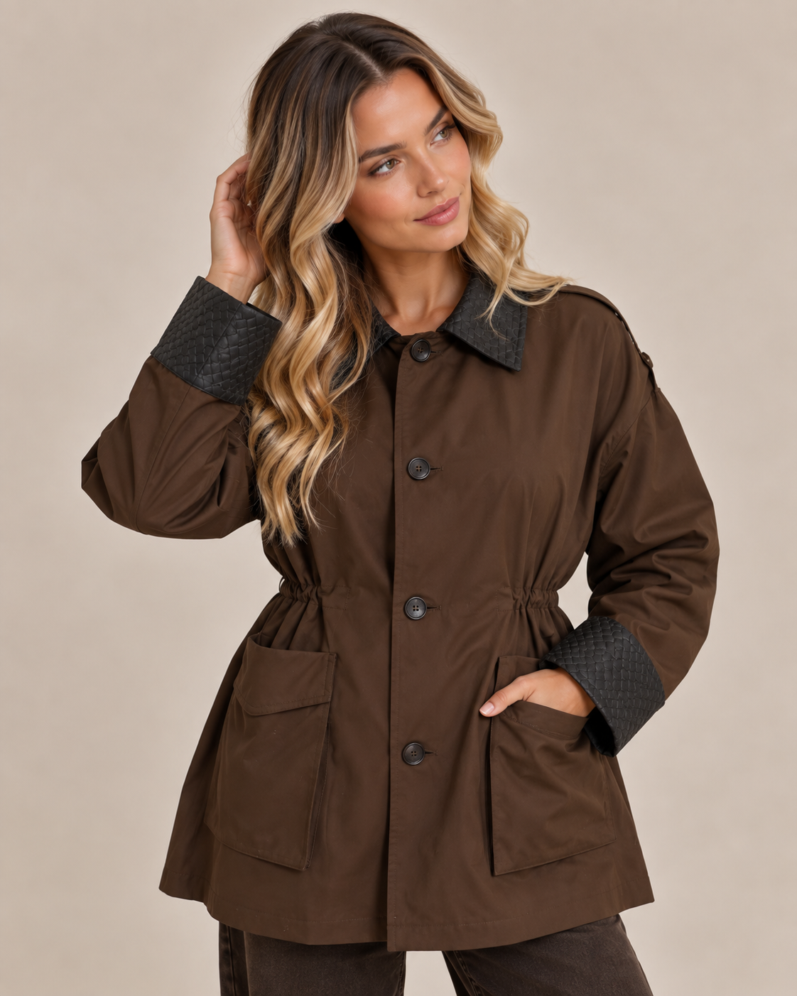 CHOCOLATE BROWN UTILITY JACKET WITH CONTRAST WOVEN COLLAR & CUFFS