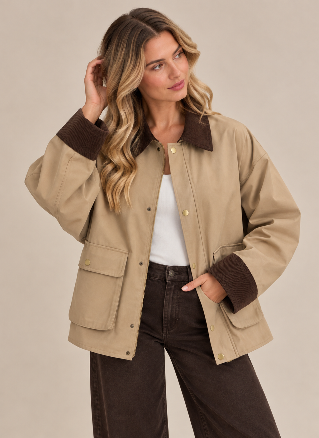CONTRAST CORDUROY COLLAR & CUFF UTILITY JACKET