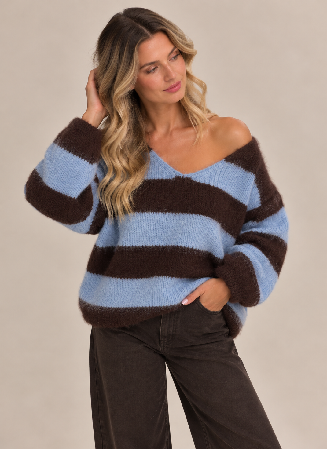 STRIPE V NECK WOOL BLEND JUMPER