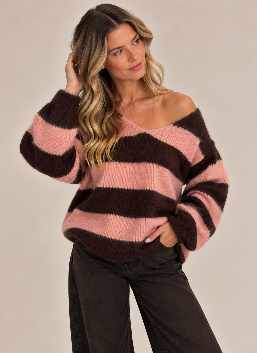 STRIPE V NECK WOOL BLEND JUMPER