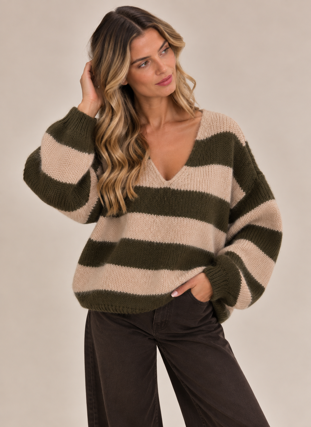 STRIPE V NECK WOOL BLEND JUMPER