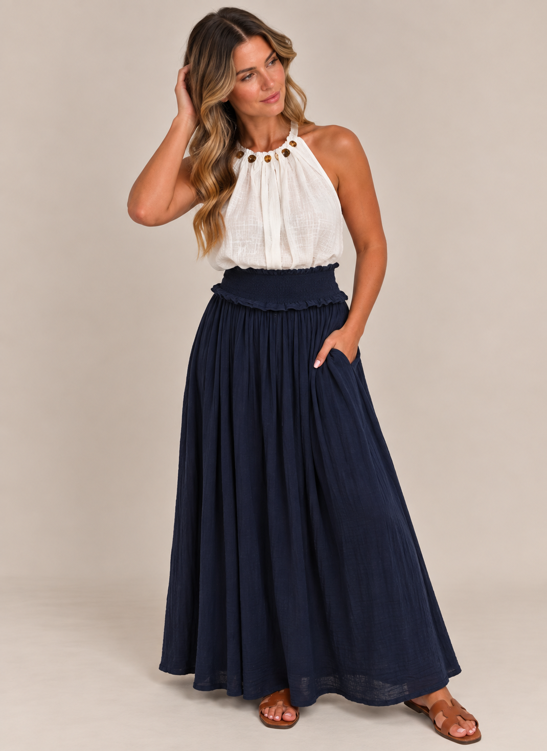 SMOCKED WAIST MIDAXI SKIRT