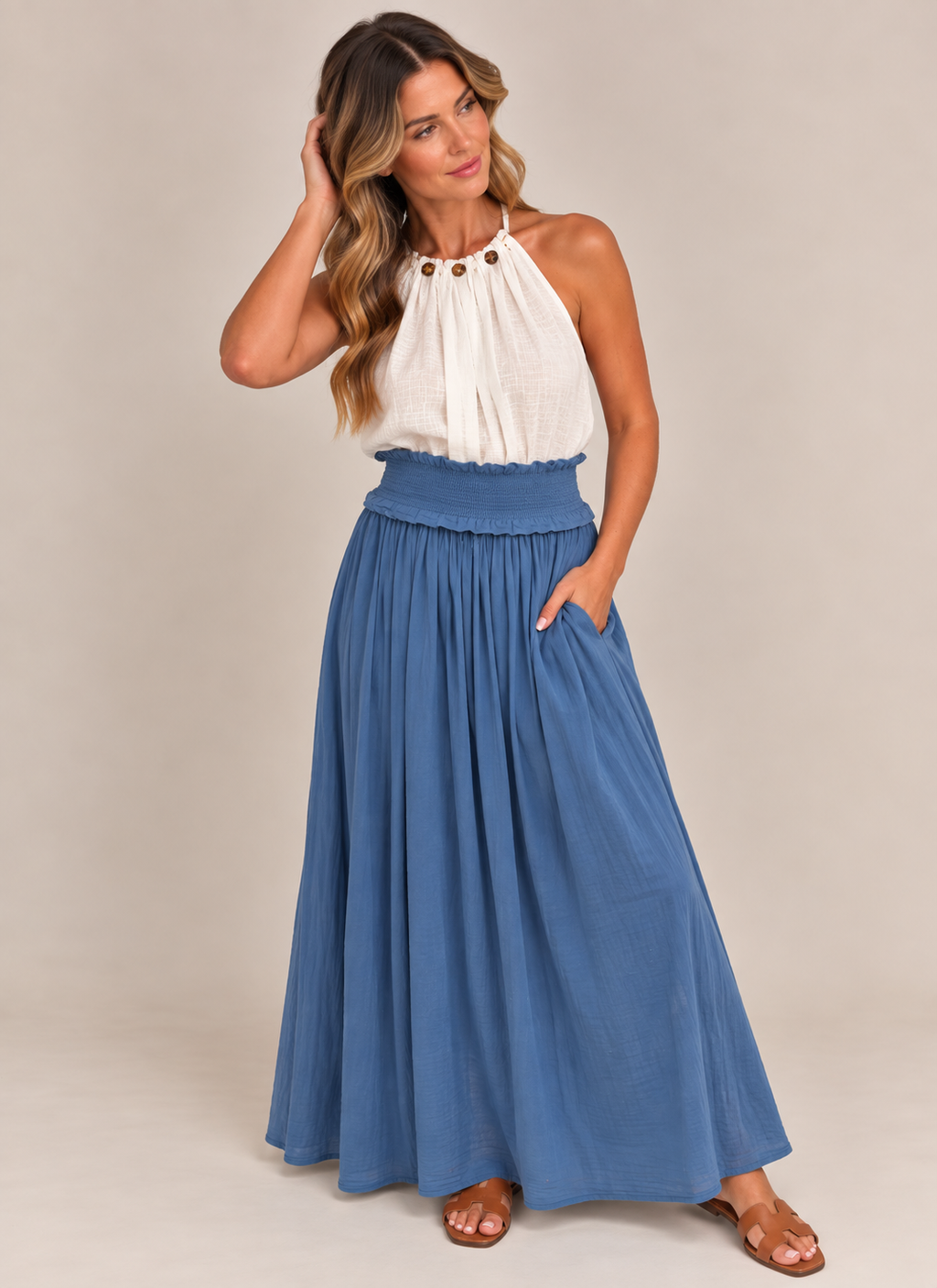 SMOCKED WAIST MIDAXI SKIRT