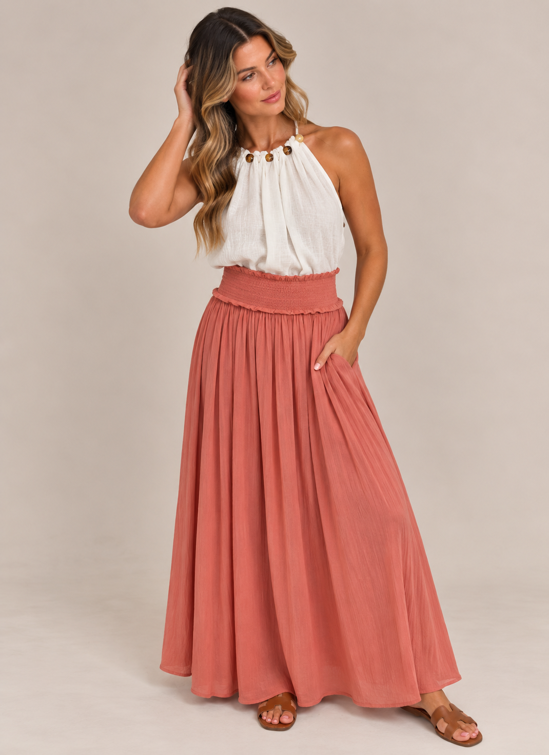 SMOCKED WAIST MIDAXI SKIRT