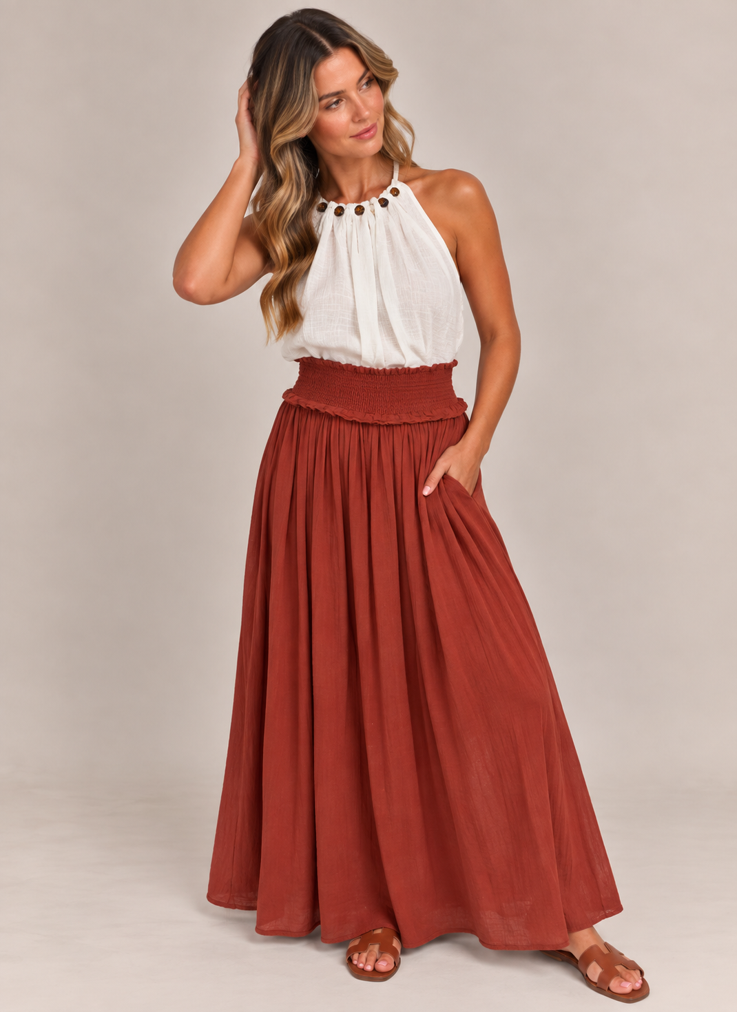 SMOCKED WAIST MIDAXI SKIRT