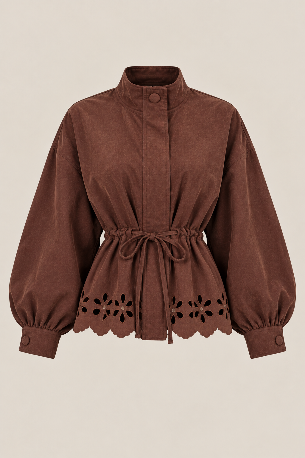 Amara Suede-Effect Cutwork Tie Waist Jacket in Brown