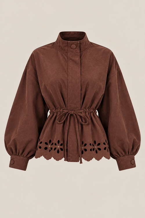 Amara Suede-Effect Cutwork Tie Waist Jacket in Brown