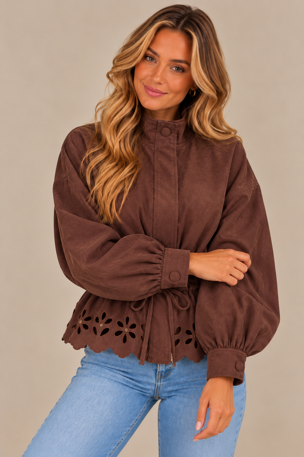 Amara Suede-Effect Cutwork Tie Waist Jacket in Brown