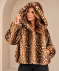 Elodie Hooded Deer Print Faux Fur Jacket