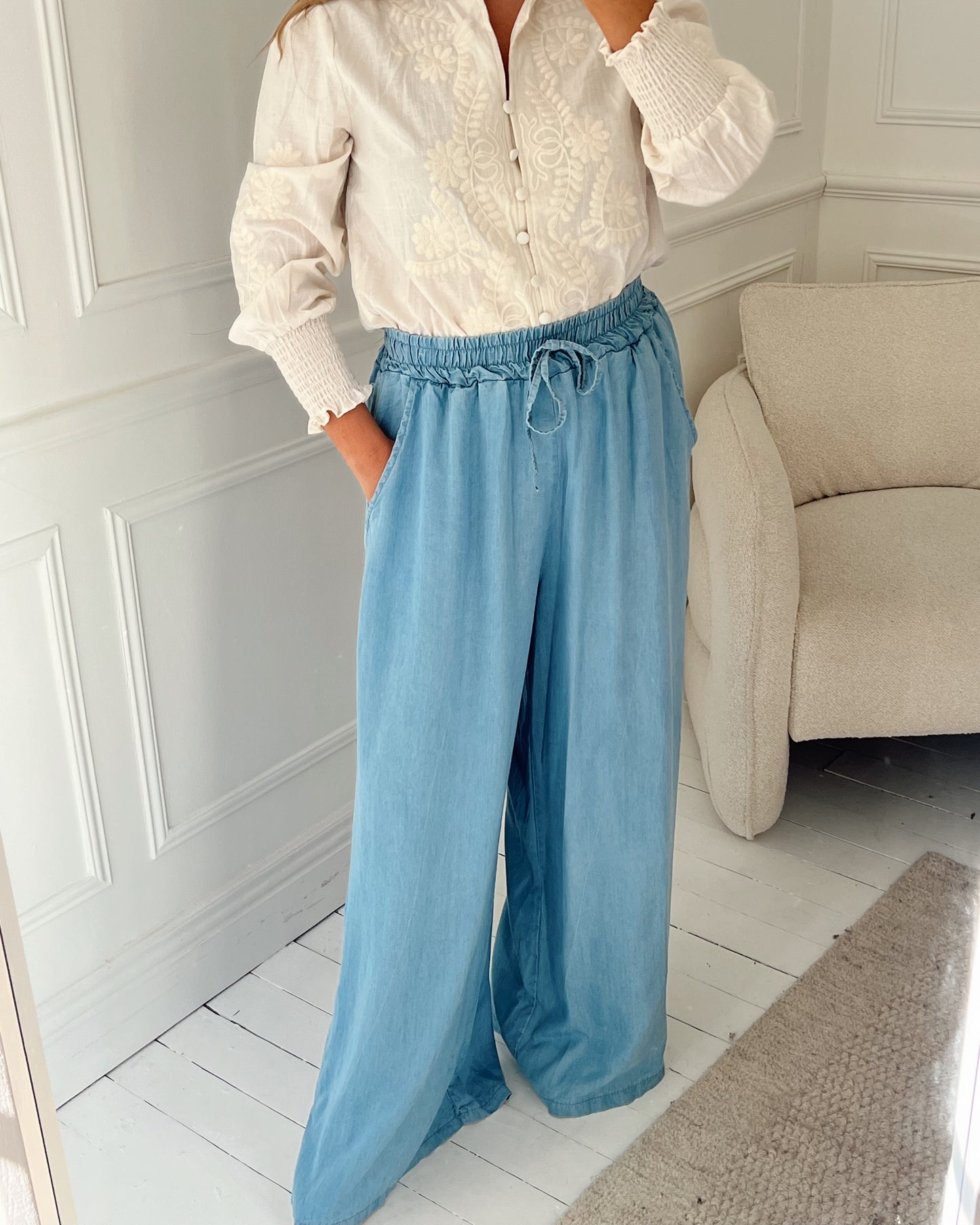SOFT DENIM LOOK WIDE LEG TROUSERS